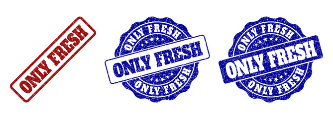 ONLY FRESH grunge stamp seals in red and blue colors. Vector ONLY FRESH watermarks with grunge surface. Graphic elements are rounded rectangles, rosettes, circles and text captions.