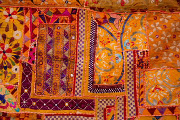 Indian patchwork carpet in Rajasthan, Asia Close up