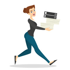 Woman run with document pile. Idea of deadline