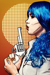 Portrait of young woman in comic pop art make-up style. Female with gun in hand
