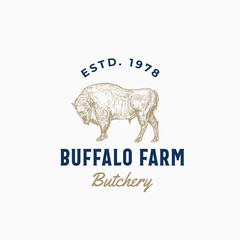 Buffalo Farm Butchery Abstract Vector Sign, Symbol or Logo Template. Hand Drawn Bison Sketch Sillhouette with Retro Typography. Vintage Emblem.