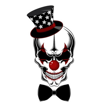 Clown skull in hat with stars and bow tie. Black and white vector image.