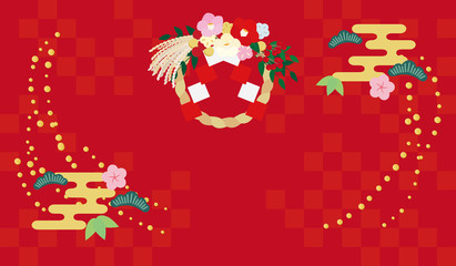 しめ飾り、松・笹・梅・雲と市松模様の背景の祝賀イメージ