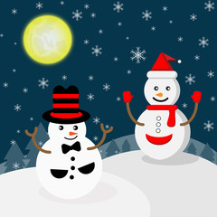 Vector of white snowman wearing a hat and  scarf standing in the yellow moonlight and snowflake on the snow mountains in winter use as background for Christmas or New Year's Day.