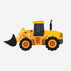 Illustration of a big tractor with a bucket. Heavy special machinery for road works.
