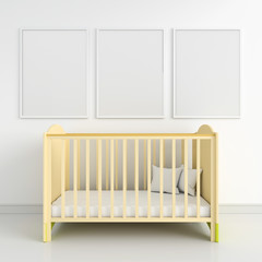 Three blank photo frame for mockup on wall, 3D rendering