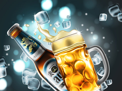 Bottle and mug of beer in ice cubes.  Highly realistic illustration with the effect of transparency.