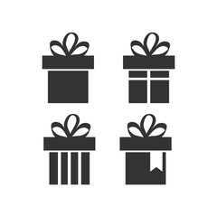 Gift box icons. Presents box signs with ribbons