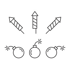 Pyrotechnic icons set. Festival dynamite fireworks with sparks