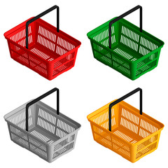 Набор из четырех цветных корзин покупателя в изометрической проекции. Изолированная векторная иллюстрация на белом фоне.
