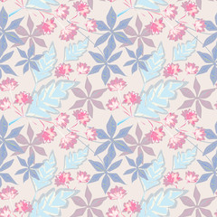 Seamless retro floral pastel pattern .Pink flowers, blue leaves on a light background.