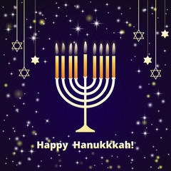 Hanukkah candles on the dark blue background with stars