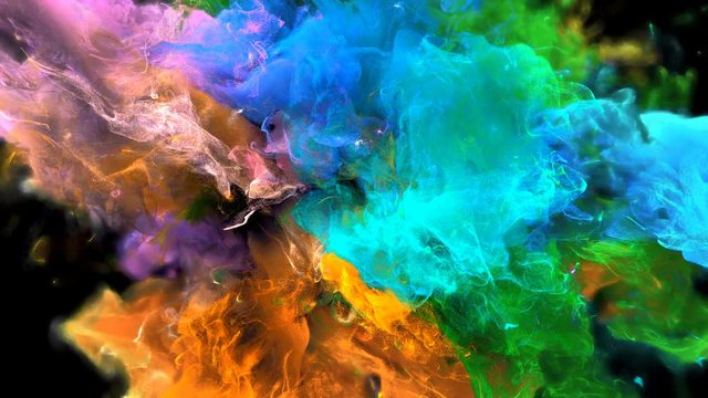 Color Burst - colorful orange green blue pink smoke explosion fluid gas ink particles slow motion alpha matte isolated on black macro close-up