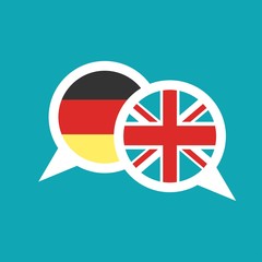chat speech bubbles with english and german flags isolated on blue background.