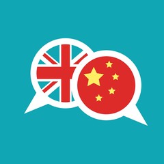 chat speech bubbles with english and chinese flags isolated on blue background.