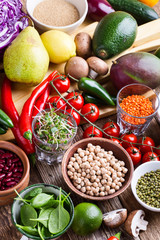 Variety of fresh  vegetables, fruits, dry grains and beans