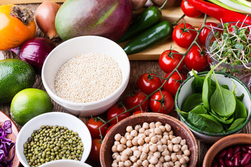 Variety of fresh  vegetables, fruits, dry grains and beans