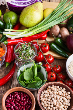 Variety of fresh  vegetables, fruits, dry grains and beans