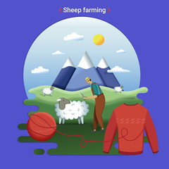 Flat farm landscape illustration of sheep farming. Rural landscape with grassland and mountains. The farmer cutting wool.