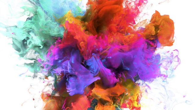 Color Burst - colorful orange cyan magenta pink yellow smoke explosion fluid gas ink particles slow motion alpha matte isolated on white