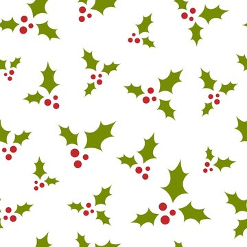 red and green holly berry on white background. seamless winter pattern. Christmas vector ornament.