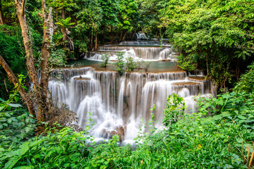 Beautiful of Huai Mae Khamin waterfall at Kanchanaburi, Thailand  with tree forest background. Waterfall Floor 4 "Chatwaew"