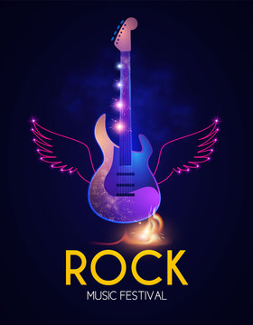 Rock Festival Design Template with Shining Guitar. Neon Wings and Fire.