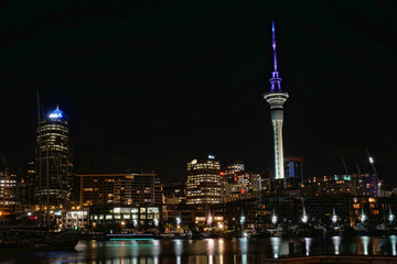 Auckland New Zealand harbor and cityscape at night