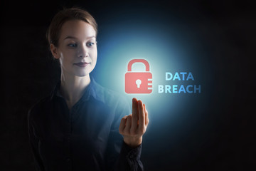 The concept of business, technology, the Internet and the network. A young entrepreneur working on a virtual screen of the future and sees the inscription: Data breach