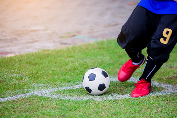 Kid soccer player speed run to shoot ball to goal on green grass.