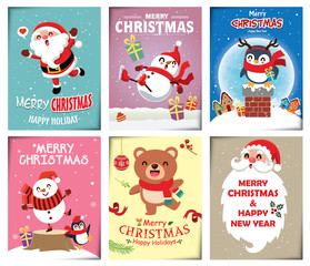 Vintage Christmas poster design with vector snowman, reindeer, penguin, Santa Claus, elf, characters.