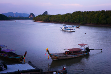 Fototapeta premium long boat in sea run to port with mangrove forest sea and sunset purple sky