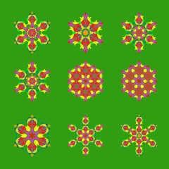 Set of nine flat design with abstract snowflakes isolated on green background. Vector Snowflakes mandala.