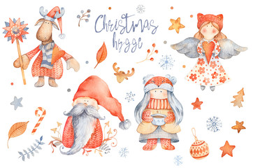 Set of Christmas Hygge Cute cartoon characters - gnome, girl with cup of tea, angel, moose