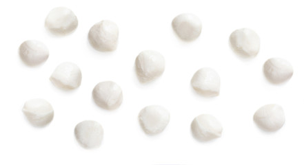 Fresh Mozzarella isolated on white background.  Traditional Italian Mozzarella cheese balls close up.  Top view