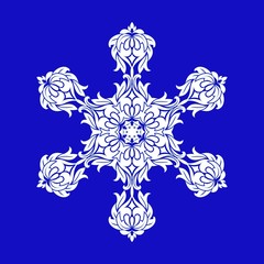 Flat design with abstract white snowflakes isolated on blue background. Vector Snowflakes mandala.