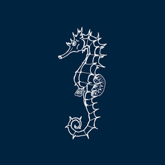 Vector illustration of white seahorse silhouette on dark blue background. Hand drawing seahorse