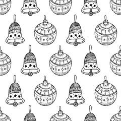 Vector seamless pattern of black Christmas decorative symbol - Christmas bell, tree ball toy on white background.  Christmas hand drawn coloring page book background