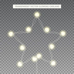 Glowing garland in the shape of star. Holiday lights isolated on transparent background. Vector illustration with garland with bulbs in the shape of heart. Led lamps for festive design.