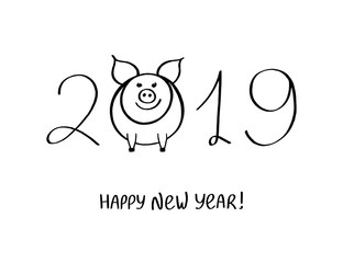 Happy New Year of pig 2019. Hand drawn calligraphic black and white conceptual vector illustration for greetings, cards, design. Cute sketch doodle