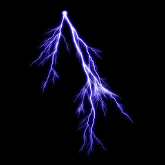  Isolated realistic violet electrical lightning strike visual effect on black night background. Energy change. 