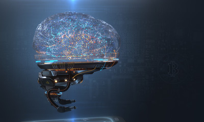 Cybernetic artificial robot brain AI futuristic conceptual design, 3d render