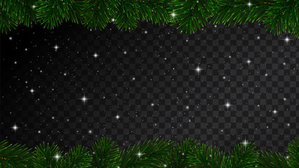 Christmas border with fir tree branches, sparkles and snow isolated on dark background. Vector design element for holiday card decoration or banner