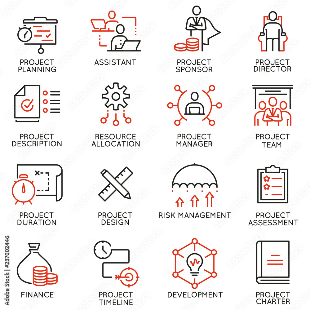 Poster vector set of linear icons related to project management. mono line pictograms and infographics desi