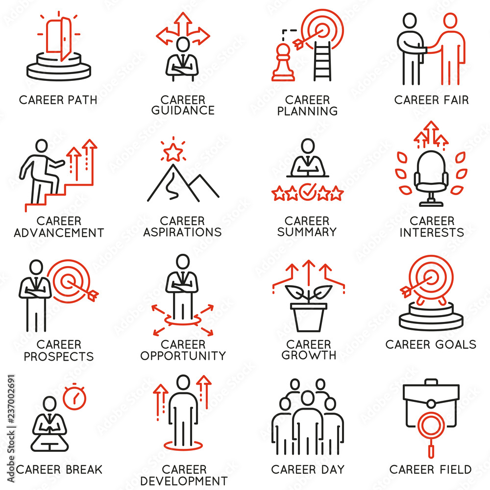 Poster vector set of linear icons related to career development and advancement. mono line pictograms and i