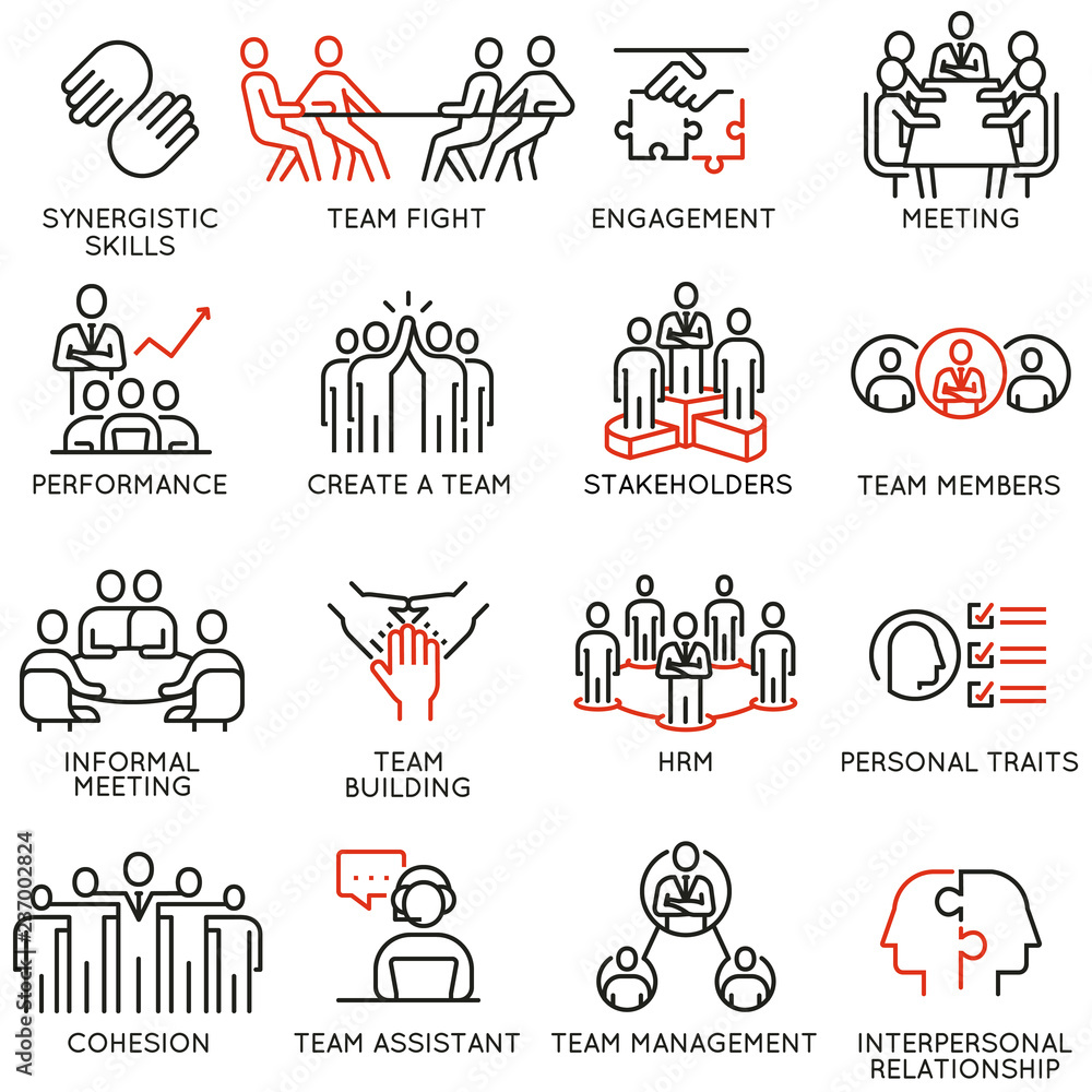 Poster vector set of linear icons related to business process, team work, human resource management and sta