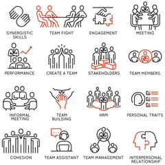 Vector set of linear icons related to business process, team work, human resource management and stakeholders. Mono line pictograms and infographics design elements - part 6