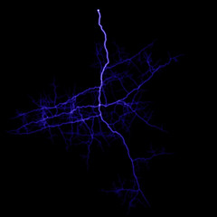  Isolated realistic violet electrical lightning strike visual effect on black night background. Energy change. 