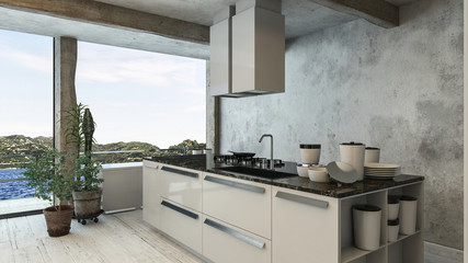 Obraz na płótnie Canvas Luxury, modern penthouse kitchen with pool view