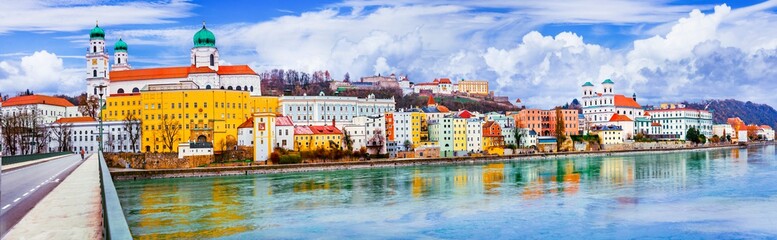Landmarks of Germany - beautiful Passau city in Bavaria. View with st Stephans cathedral - obrazy, fototapety, plakaty